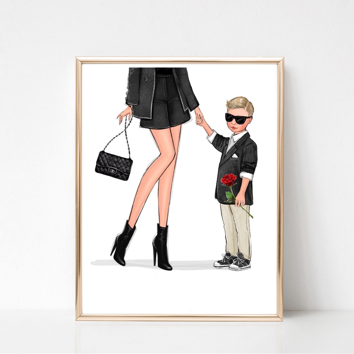 Mother and Son Fashion Illustration with Red Rose Gift Poster