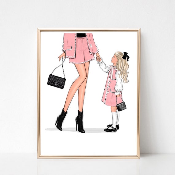 Mom Of Girl Pink Art Print Personalized Fashion Illustration Customizable Mom Daughter Wall Art Gift For Mum Of Girl Mom Birthday Gift
