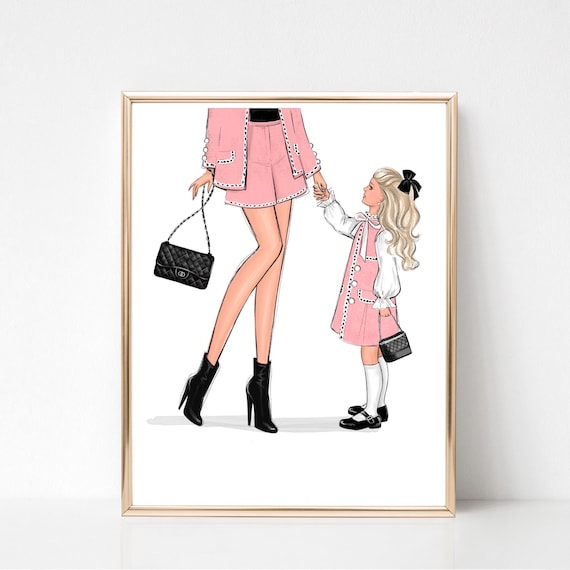 Mother and Daughter Matching Pink Fashion Illustration Poster