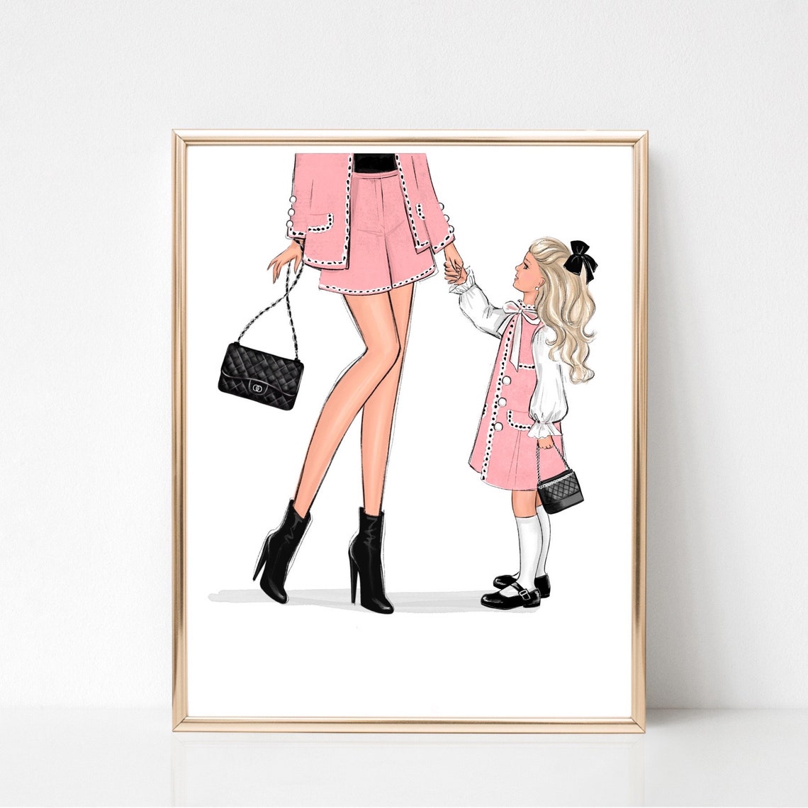 Mother and Daughter Matching Pink Fashion Illustration Poster