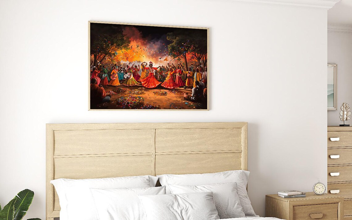 Indian Folk Dance Celebration Around Bonfire Vibrant Festival Painting Poster - Image 2
