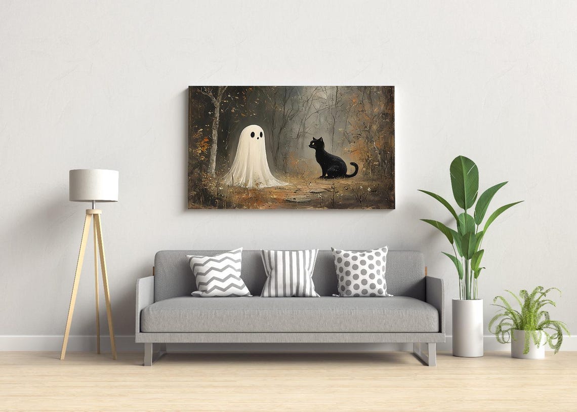 Cute Ghost And Black Cat In Misty Forest Spooky Halloween Art Poster - Image 3