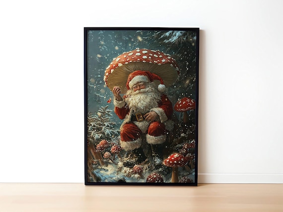 Santa Claus Under Giant Mushroom In Snowy Forest Whimsical Holiday Poster