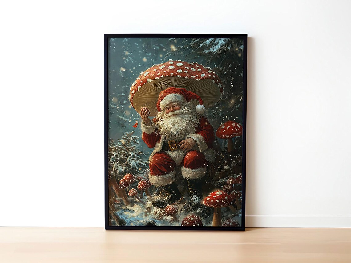 Santa Claus Under Giant Mushroom In Snowy Forest Whimsical Holiday Poster