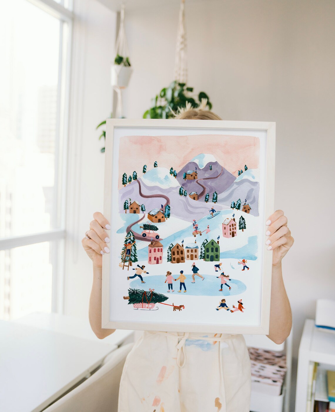 Winter Village Art Print, Snowy Mountains Landscape - Image 3