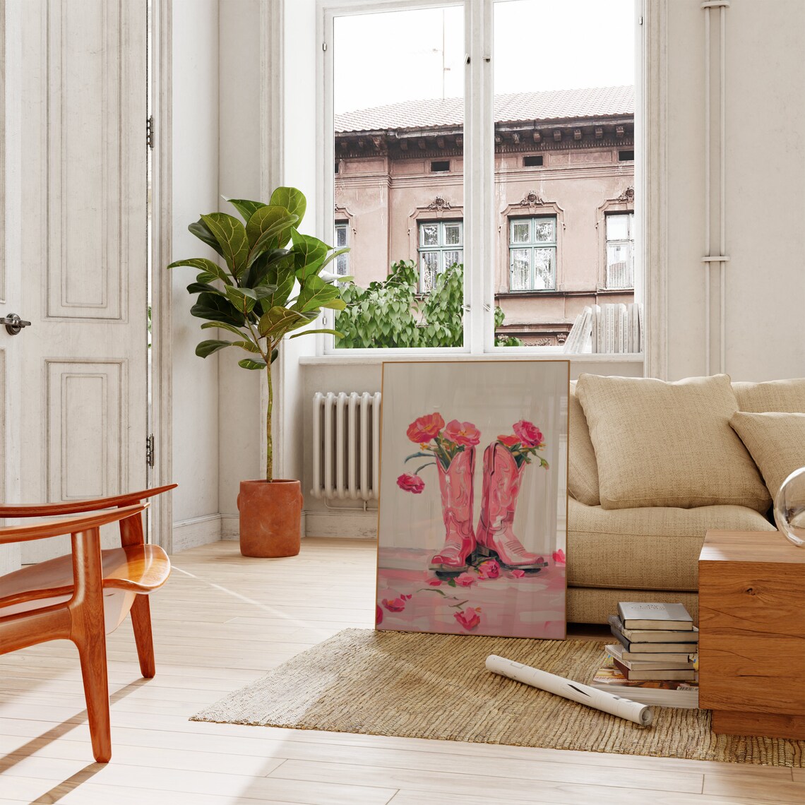 Pink Cowgirl Boots Flower Vase Floral Western Painting Poster - Image 2