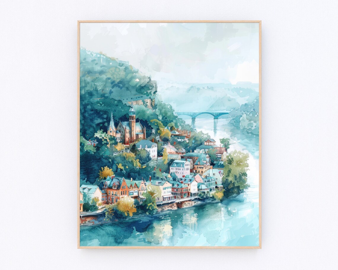 Harpers Ferry Watercolor Travel Poster, Virginia