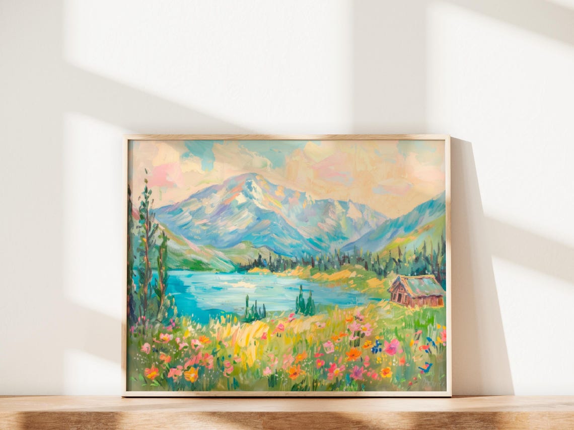 Mountains And Wildflowers Painting Mountain Landscape Mountain Oil Painting Forest Painting Floral Artwork Lake Landscape Print P669 - Image 2