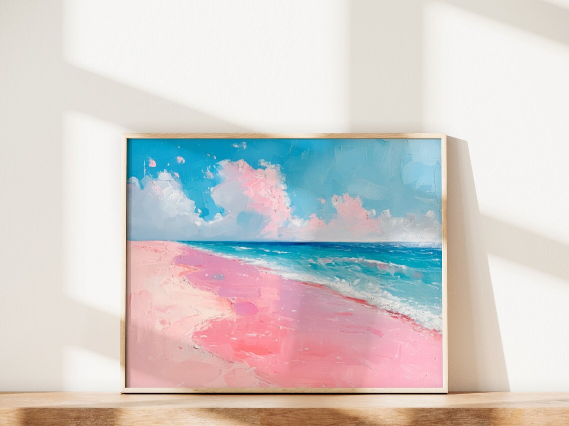 Pink Sand Beach Impasto Oil Painting with Turquoise Waves Poster - Image 2