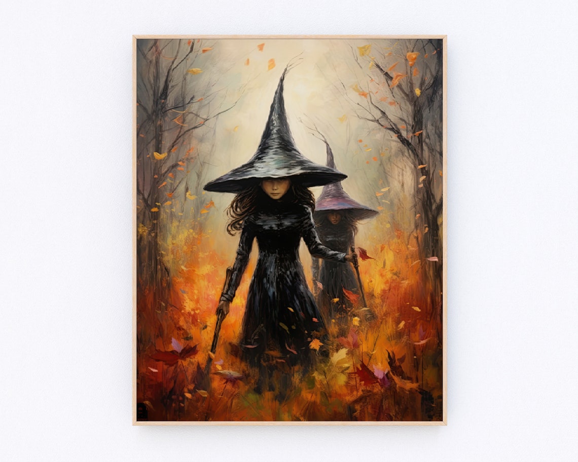 Two Witches Walking Through Autumn Forest Leaves Mystical Wall Poster