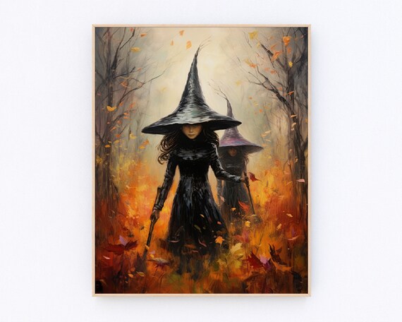 Two Witches Walking Through Autumn Forest Leaves Mystical Wall Poster