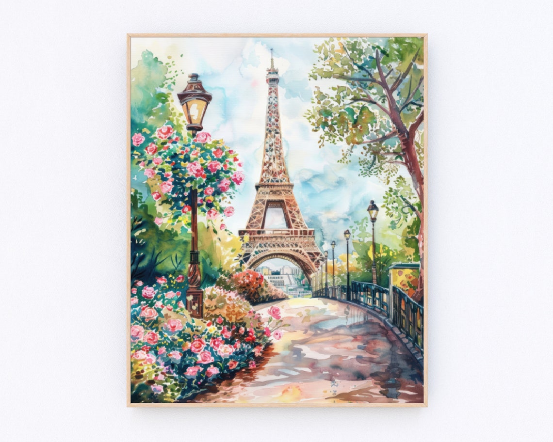 Eiffel Tower Rose Garden Path Paris Spring Watercolor Landmark Poster