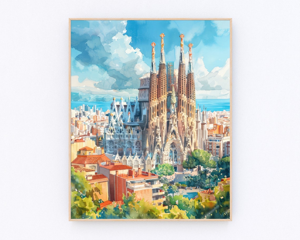 Barcelona Painting La Sagrada Familia Basilica Art Print Barcelona Landscape Poster Europe Print Travel Gift P544
