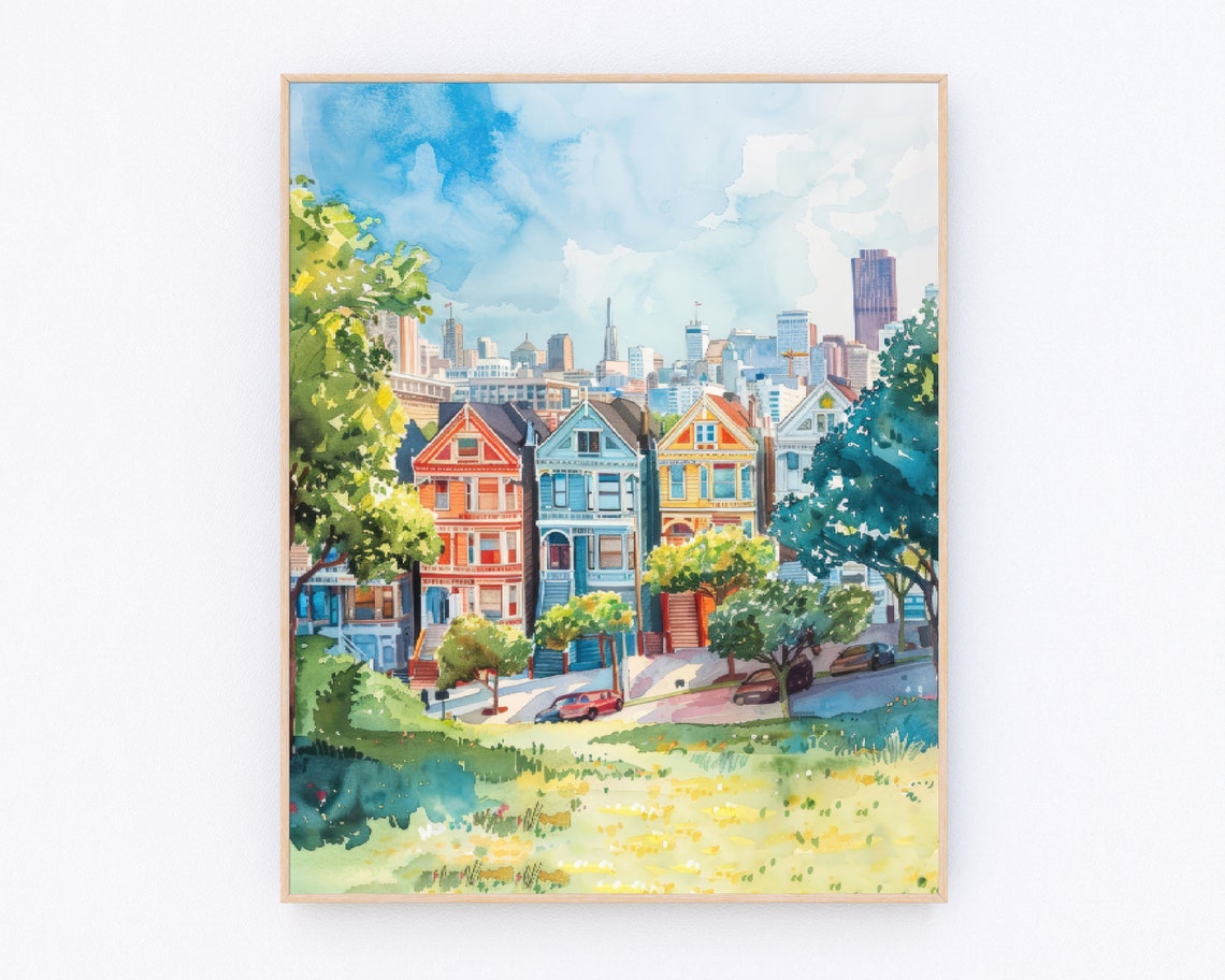 San Francisco Alamo Square Park Watercolor Painting San Francisco Wall Art California Landscape Poster Usa Travel Poster Travel Gift P543