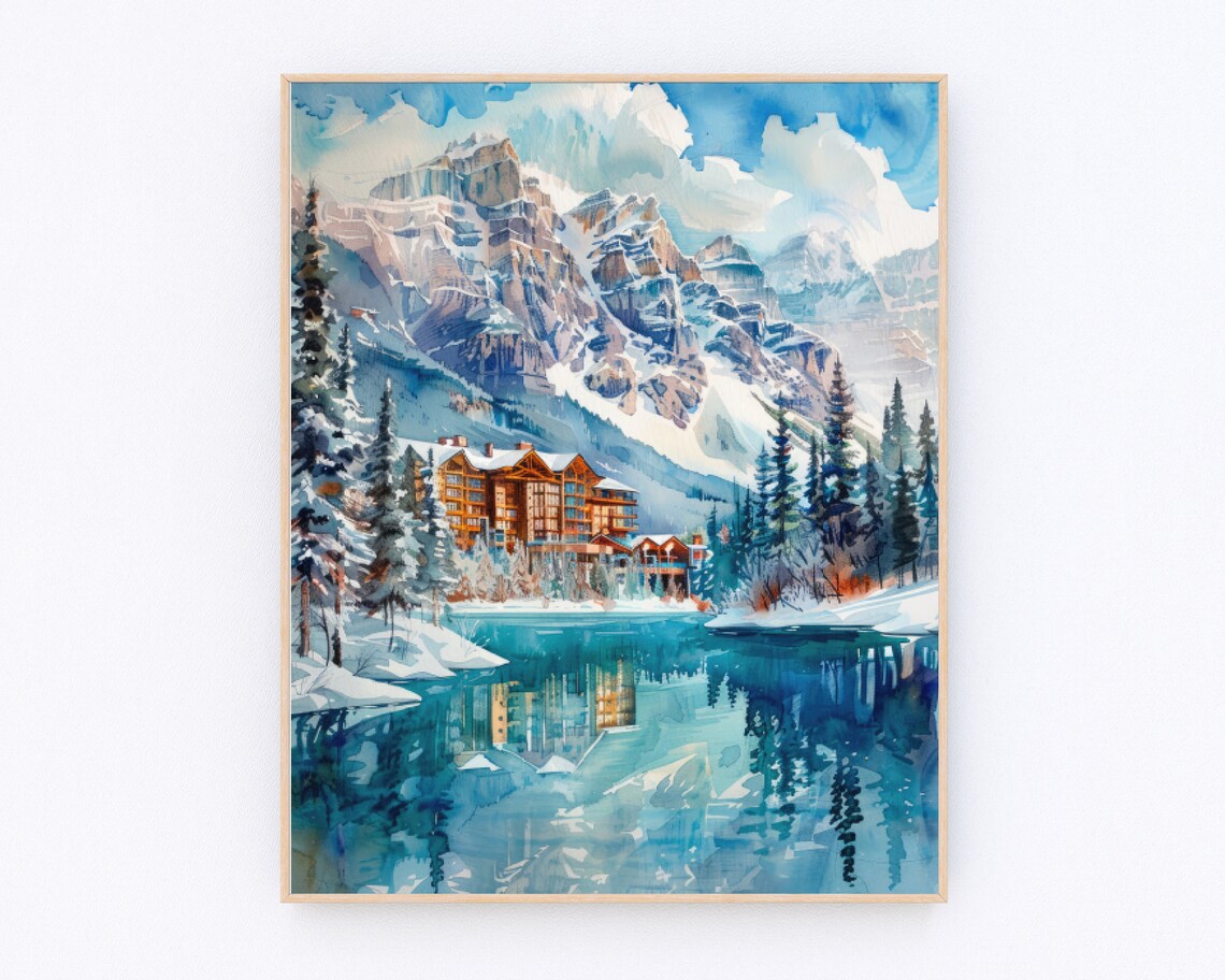 Banff Winter Mountain Lodge Turquoise Lake Snow Watercolor Poster