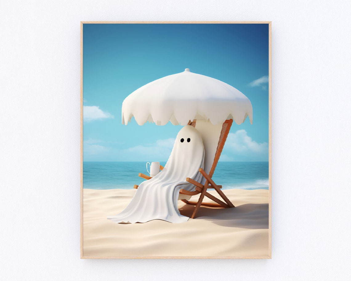Cute Ghost Relaxing on Beach Chair Under Umbrella Coastal Wall Poster - Image 3