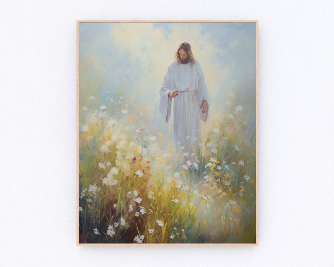 Jesus Walking in Wildflower Meadow Soft Light Christian Art Poster