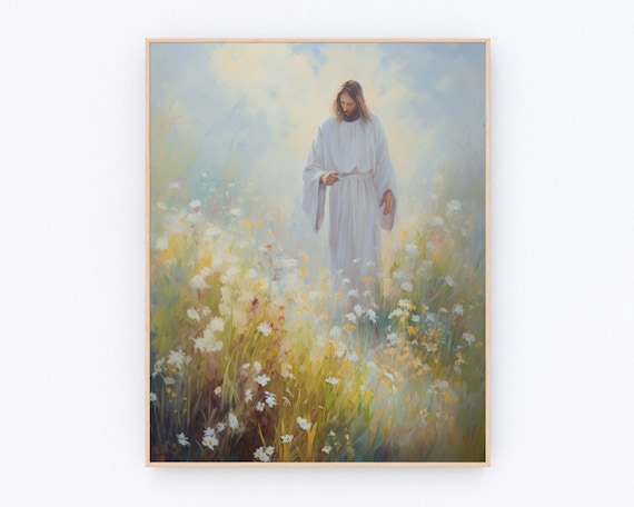 Jesus Walking in Wildflower Meadow Soft Light Christian Art Poster