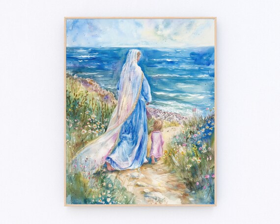 Mother Mary Walking Hand in Hand with Child by the Ocean Poster