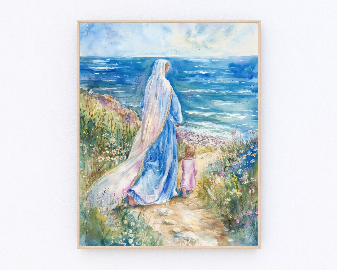 Mother Mary Walking Hand in Hand with Child by the Ocean Poster