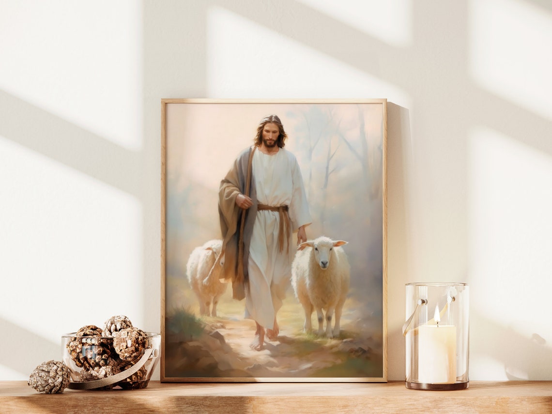 Jesus the Good Shepherd Walking With Sheep Path Christian Art Poster - Image 2