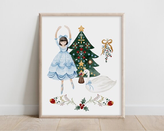 Watercolor Nutcracker Ballerina Christmas Tree Swan Holiday Ballet Poster