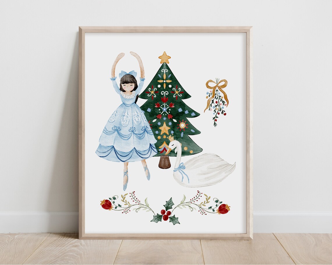 Watercolor Nutcracker Ballerina Christmas Tree Swan Holiday Ballet Poster