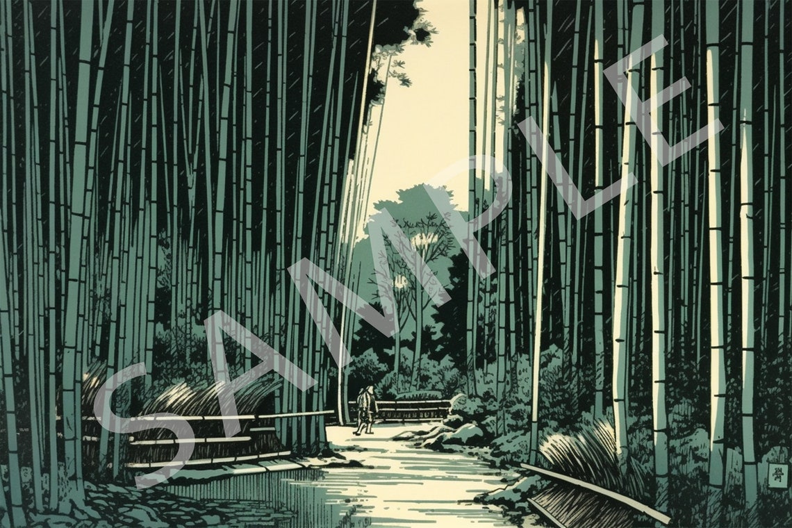 Vintage Linocut Bamboo Grove Forest Path Kyoto Japan Art Poster - Image 2