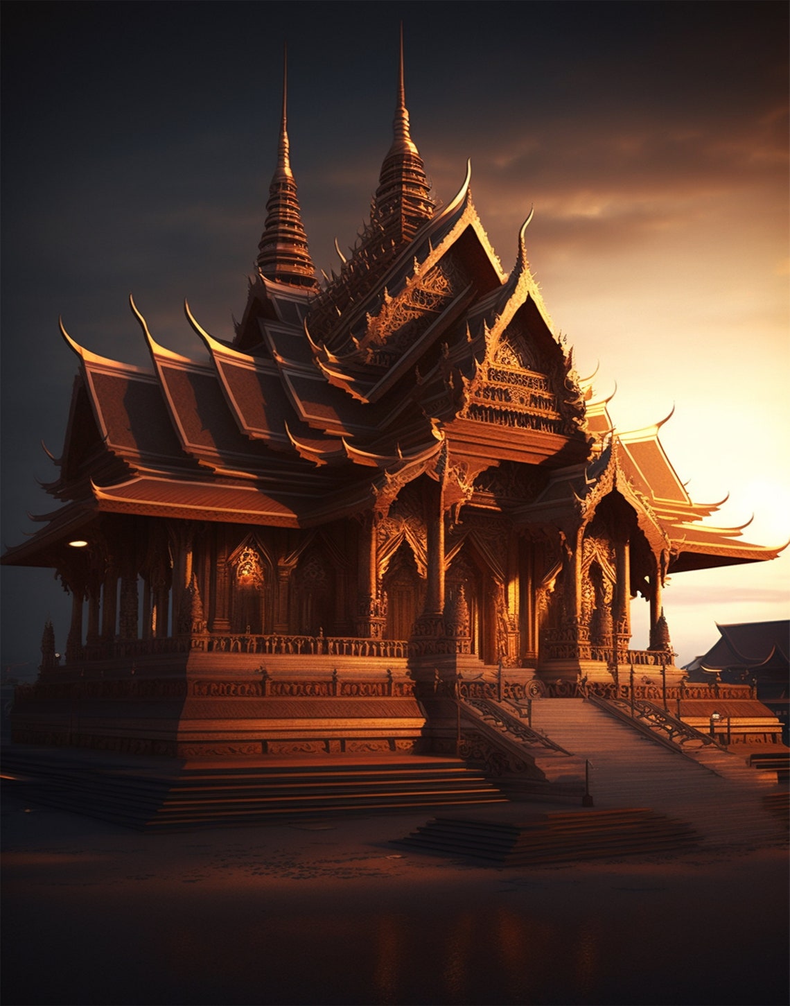 Golden Thai Temple at Dusk Ornate Architecture Warm Sunset Poster - Image 2