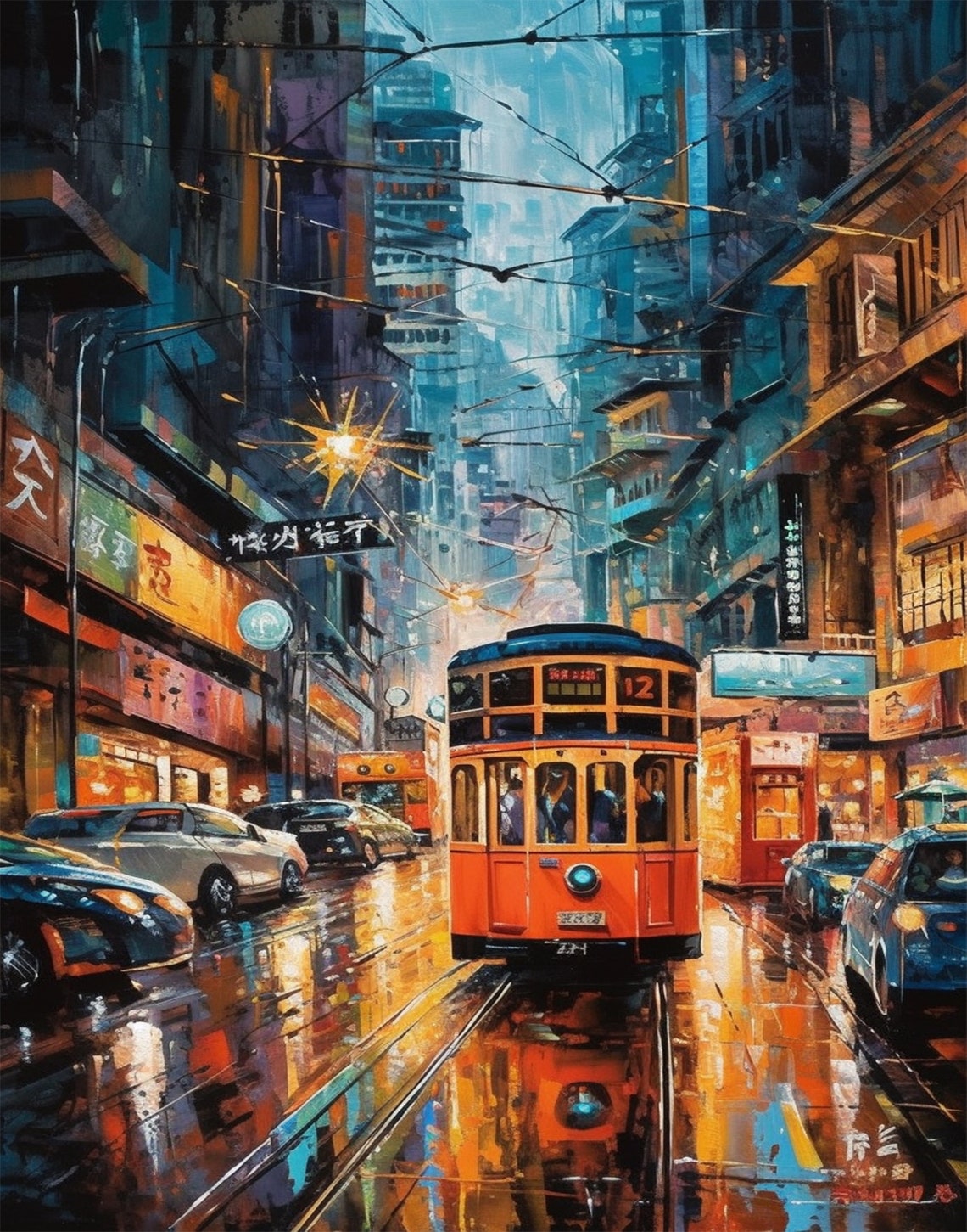 Hong Kong Tram Number 12 on Rainy Neon Street Night Cinematic Poster - Image 2