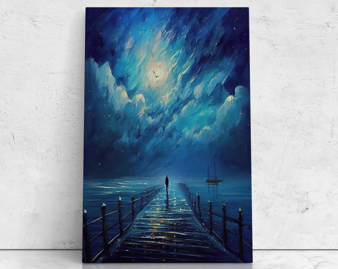 Moonlit Night Beach Pier With Lone Figure Clouds And Sailboat Art Poster
