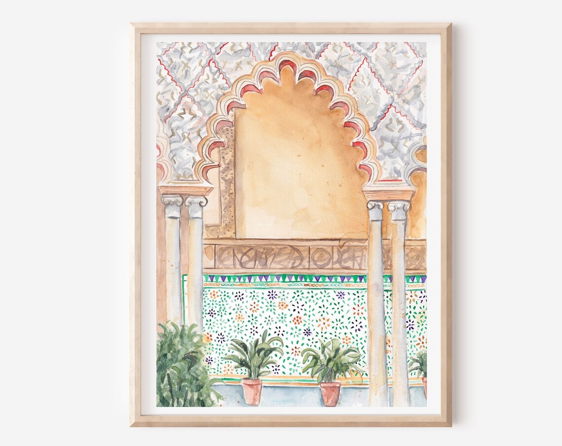Moroccan Horseshoe Arch Doorway With Mosaic Tiles And Plants Print