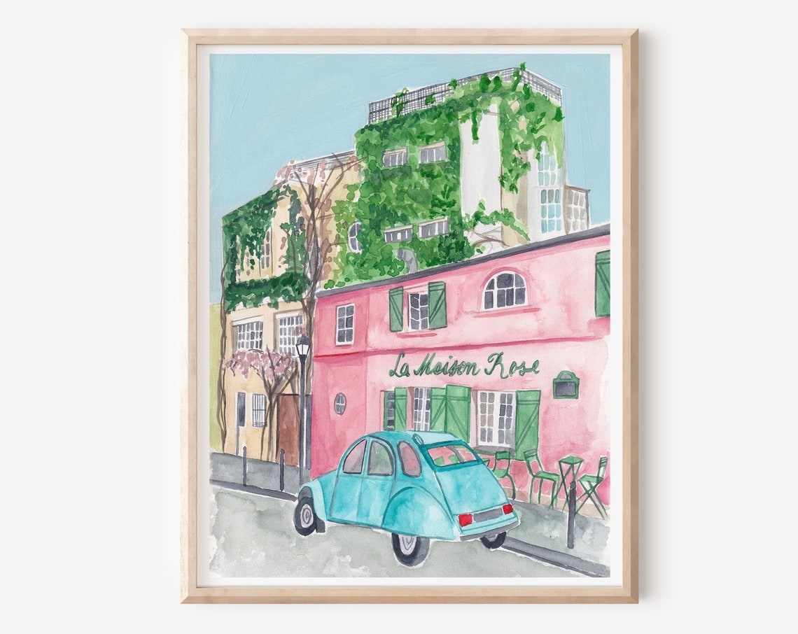 La Maison Rose Montmartre Print Paris Wall Decor Parisian Art Print Pink House Painting French Street Scene Paris Cityscape