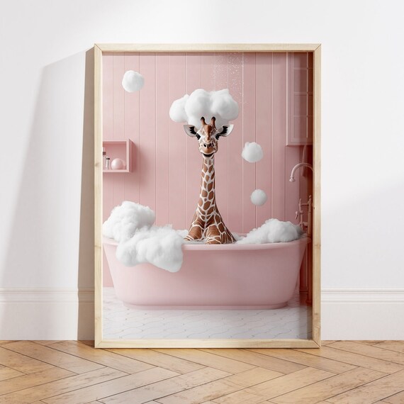 Cute Giraffe In A Bathtub, Pink Bathroom Funny Art
