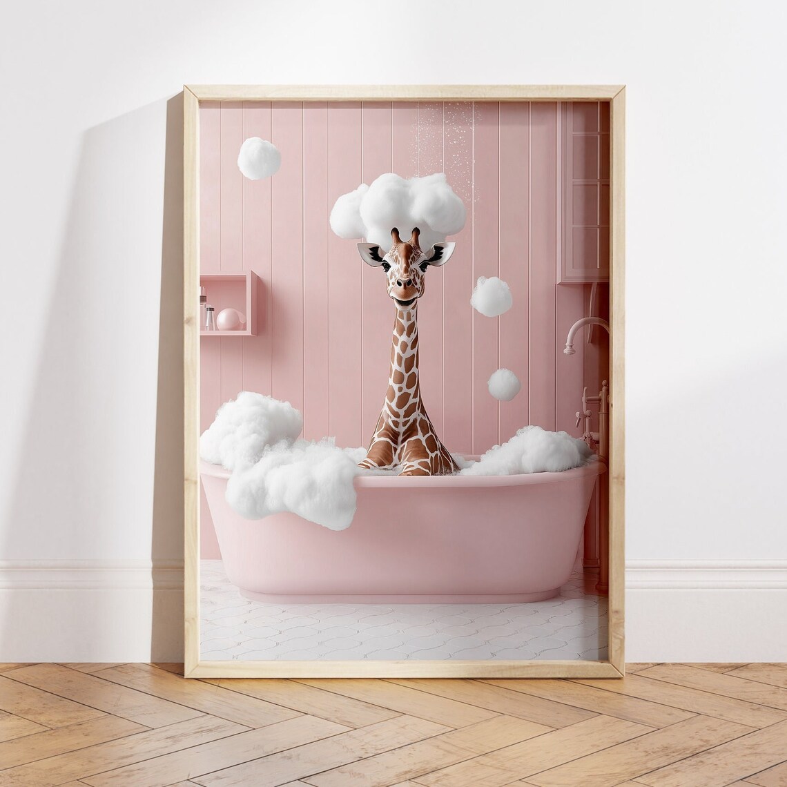 Cute Giraffe In A Bathtub, Pink Bathroom Funny Art