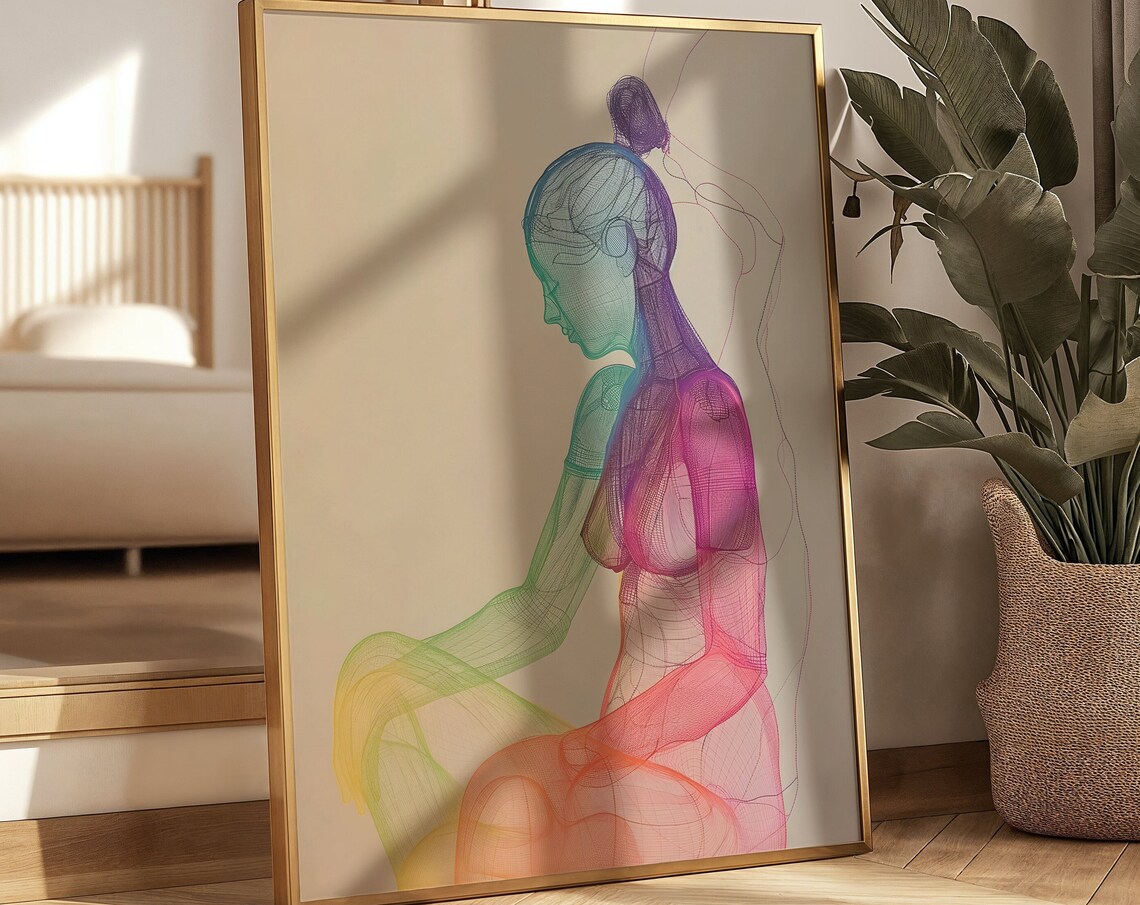 Woman Meditating in Rainbow Chakra Colors Line Art Yoga Poster - Image 4