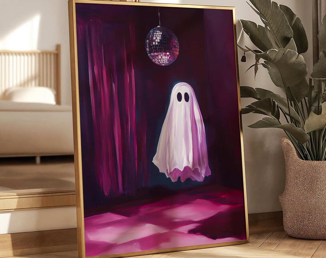 Cute Ghost Floating Under A Disco Ball In A Pink Room Halloween Poster - Image 4