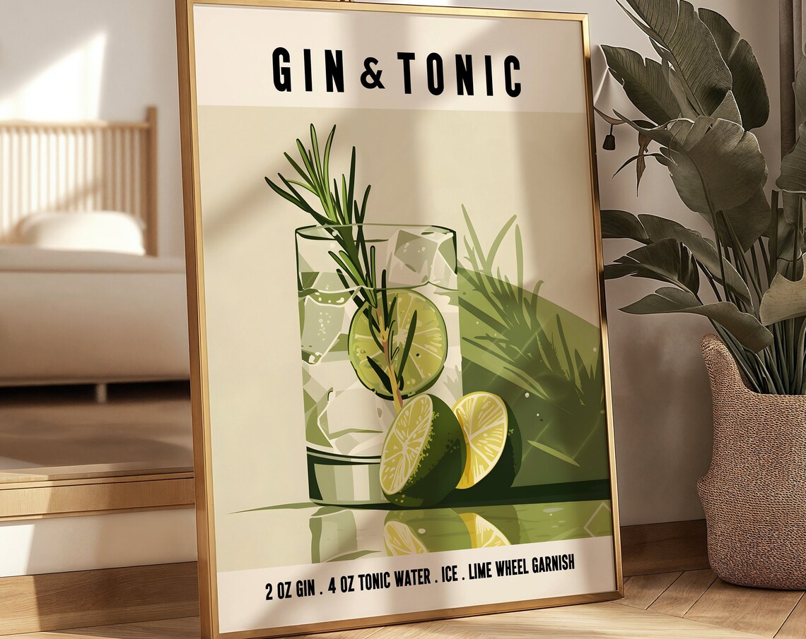 Gin Tonic Retro Cocktail Poster, Bar Cart Decor - Image 3
