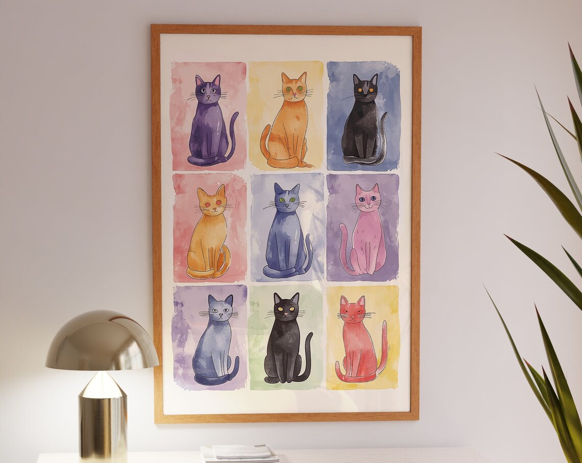 Nine Watercolor Cats in a Pastel Grid for Cute Apartments Poster