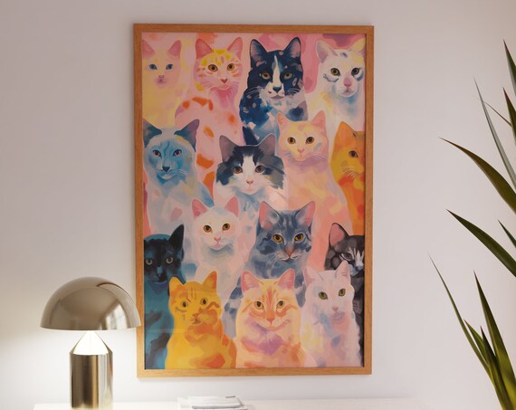 Colorful Watercolor Crowd of Cat Faces in Pastel Hues Poster
