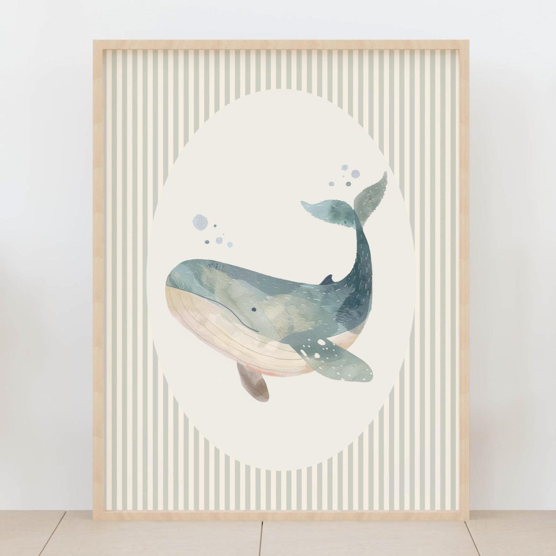 Baby Whale Swimming Nursery Ocean Gentle Animal Stripes Poster