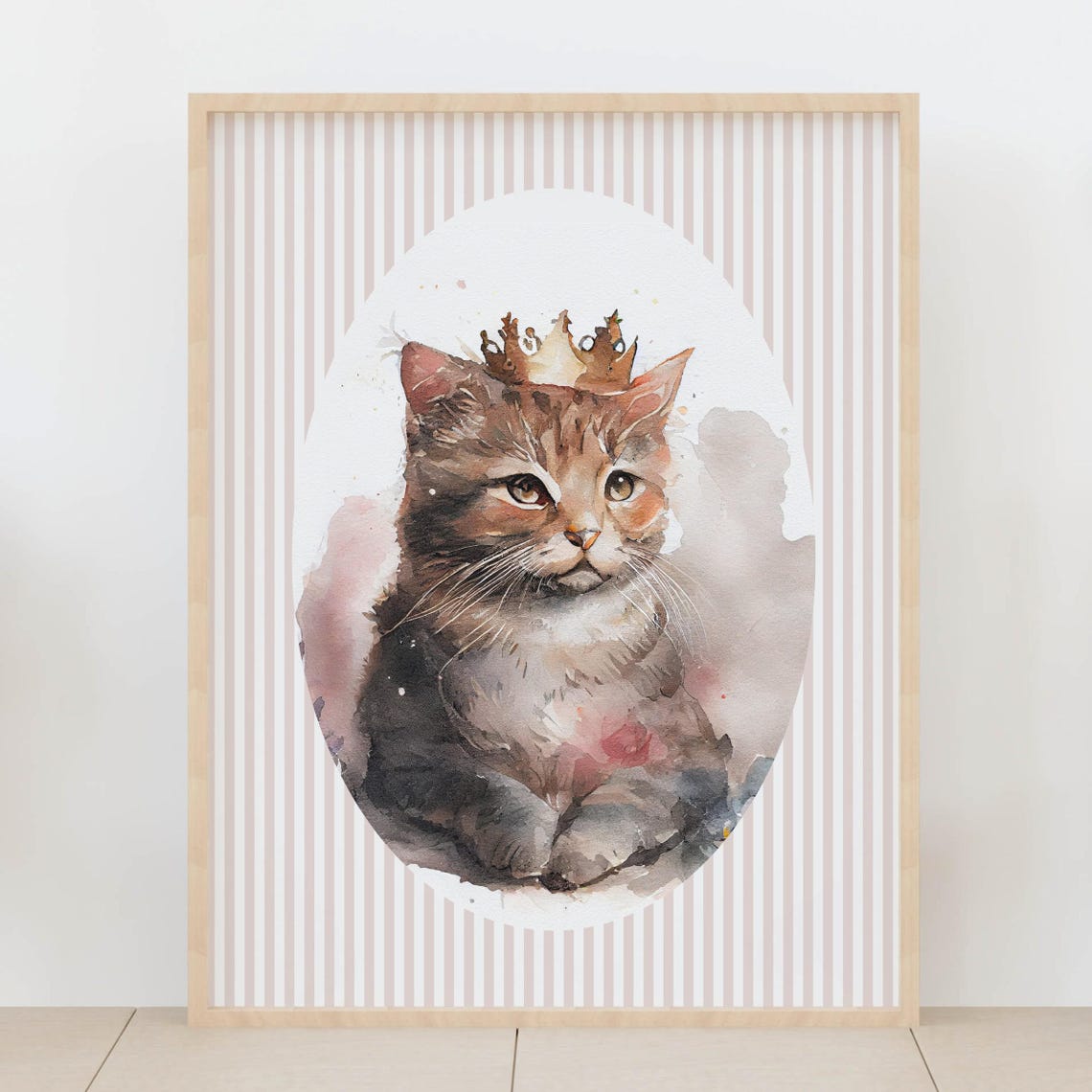 Tabby Cat Wearing Gold Crown Watercolor Cute Nursery Animal Poster