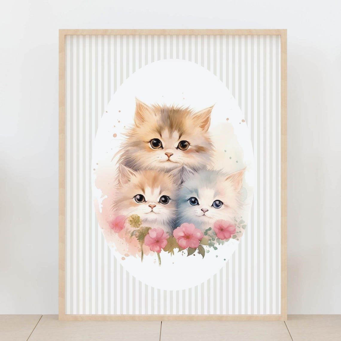Three Cute Fluffy Kittens With Pink Flowers Nursery Cat Poster