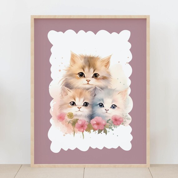 Sweet Three Fluffy Kittens Floral Watercolor Cat Nursery Art Poster