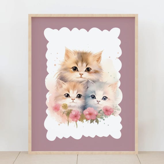 Three Fluffy Kittens Print Watercolor Floral Nursery Decor Cat Animal Art For Sweet Baby Room Decoration