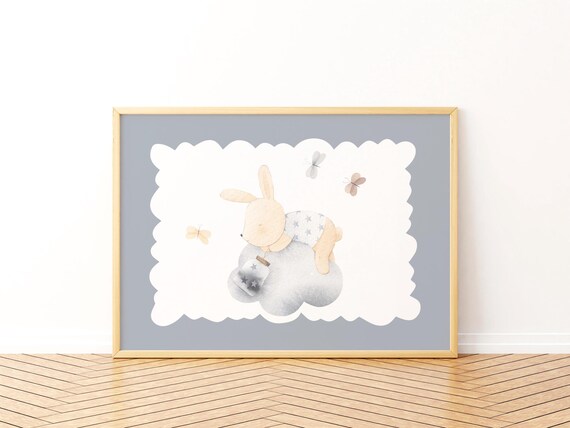 Sleeping Bunny On Cloud Watercolor Print Sweet Dreams Starry Nursery Art Neutral Baby Room Decor
