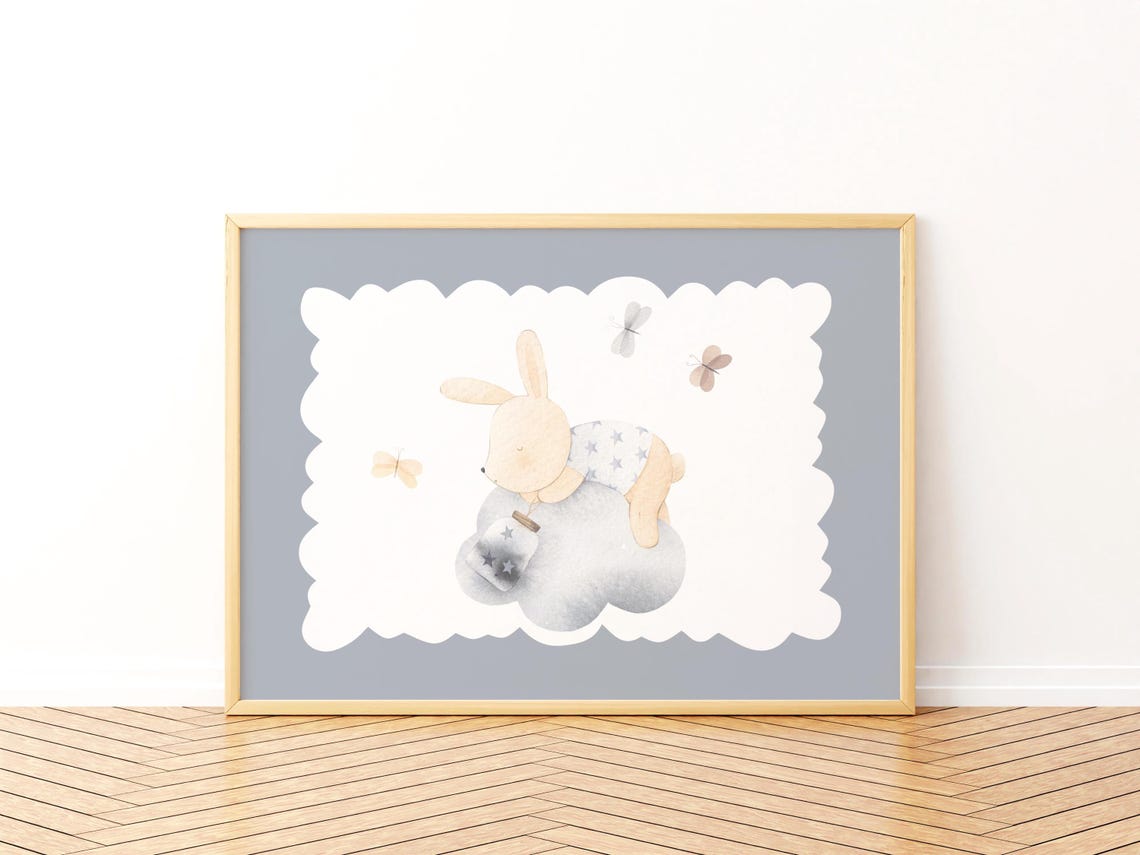 Sleeping Bunny On Cloud Watercolor Starry Night Nursery Poster