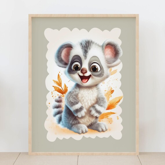 Cute Baby Ring-Tailed Lemur Watercolor Cartoon Nursery Art Poster
