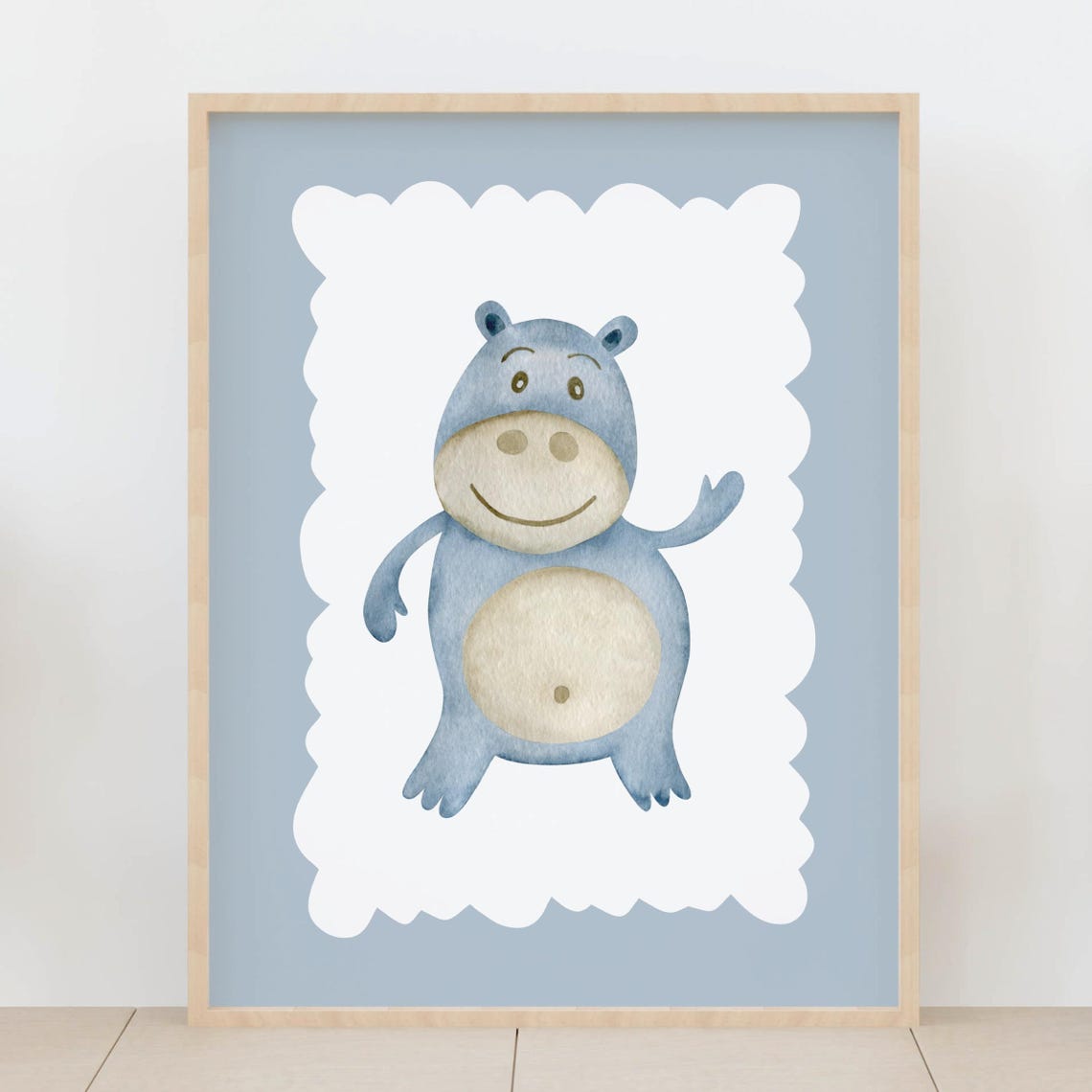 Cute Blue Hippo Watercolor Smiling Safari Nursery Baby Room Print