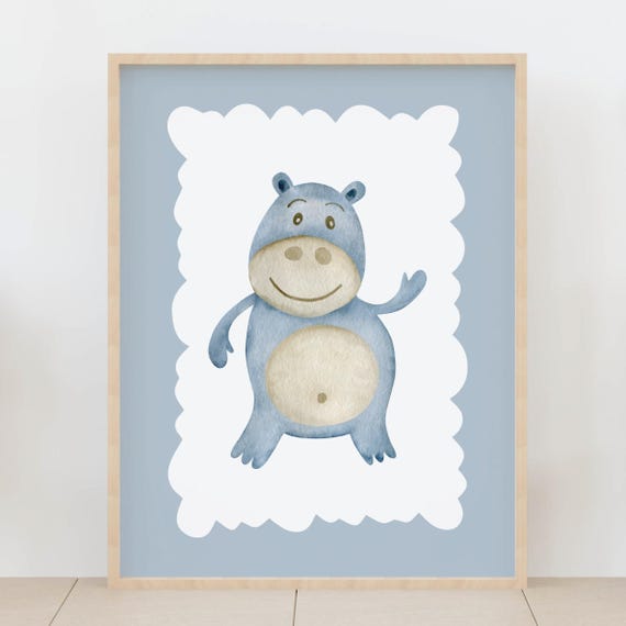 Cute Blue Hippo Watercolor Art Print Simple Safari Nursery Decor Minimalist Baby Room